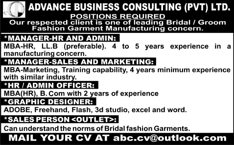 HR / Admin / Sales / Marketing Managers / Officers & Graphic Designer Jobs in Karachi 2014 for Fashion Garments Manufacturing Concern