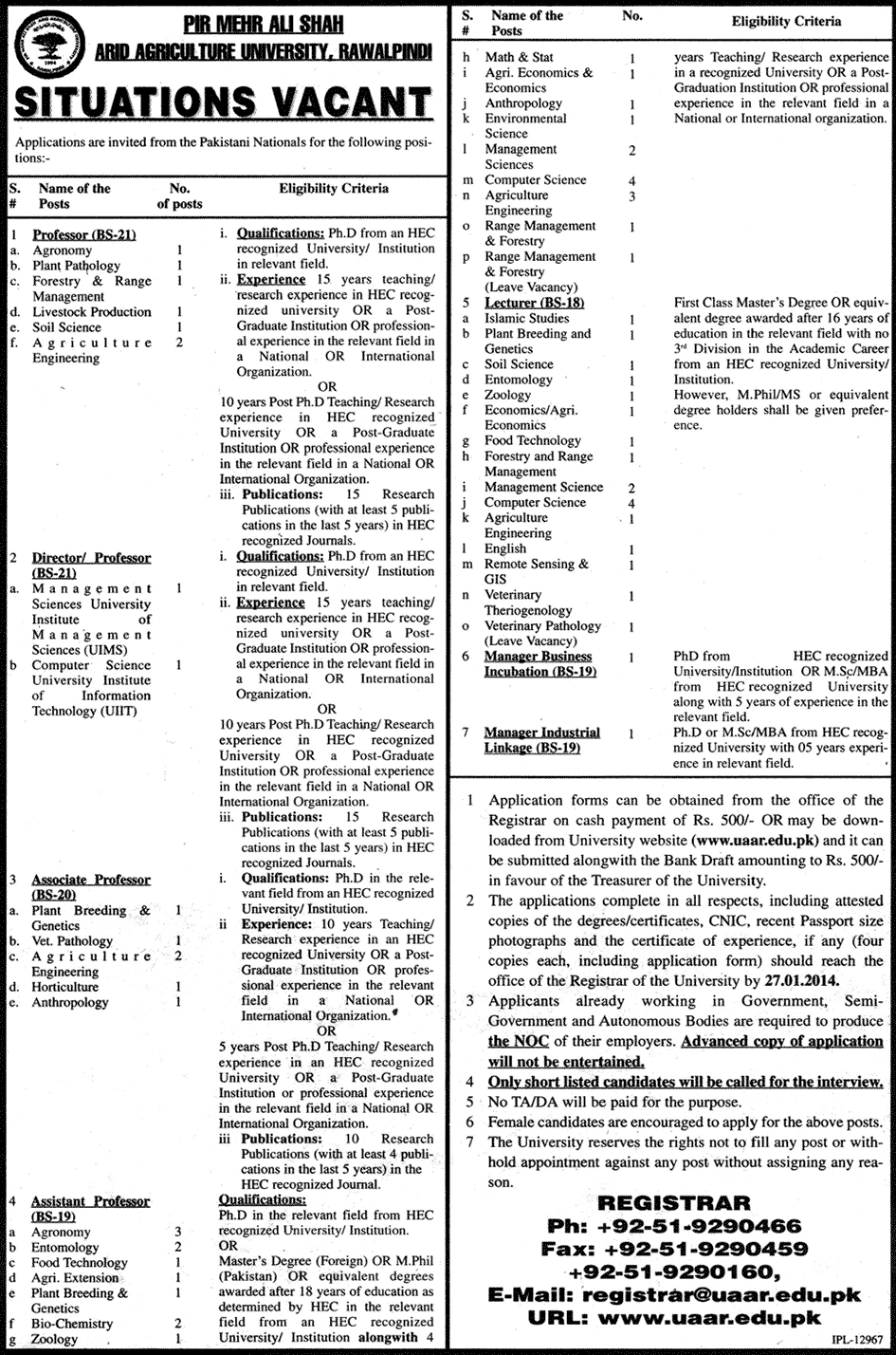 Arid Agriculture University Rawalpindi Jobs 2014 for Teaching Faculty / Professors / Lecturers & Administrative Staff