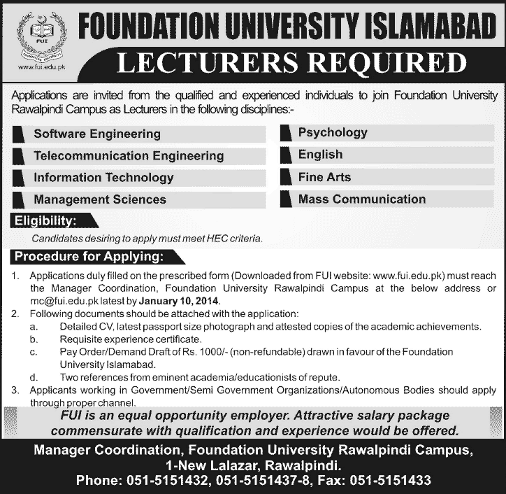 Lecturers Jobs in Foundation University Rawalpindi Campus 2014 Latest