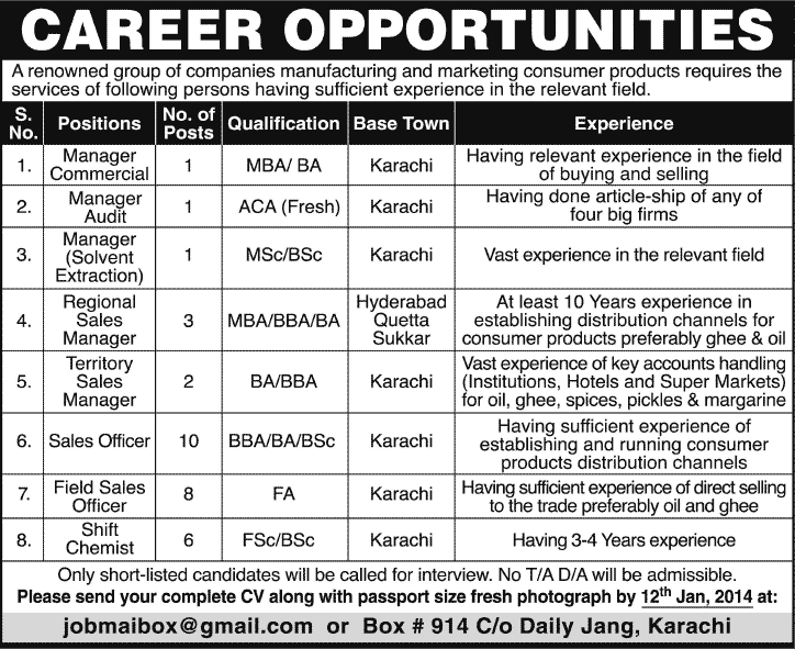 Production / Commercial / Audit / Sales Managers, Chemist & Sales Officer Jobs in Karachi Pakistan 2014 for Manufacturing & Marketing Company