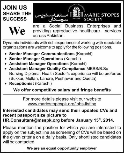 Marie Stopes Society Pakistan Jobs 2014 for Communication / Operations / Quality Compliance Managers & Receptionist