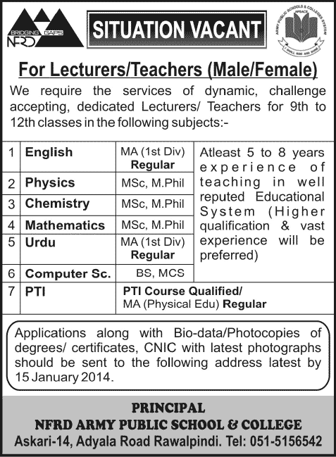 Physical Training Instructor, Teachers / Lecturer Jobs in Rawalpindi 2014 at NFRD Army Public School & College