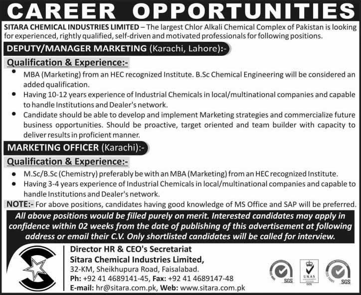 Jobs in Sitara Chemical Industries Limited Karachi / Lahore 2014 for Marketing Manager / Officer