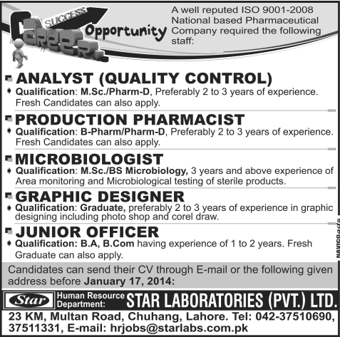 Star Laboratories (Pvt.) Ltd Lahore Jobs 2014 for Pharmacists, Microbiologist, Graphic Designer & Junior Officer