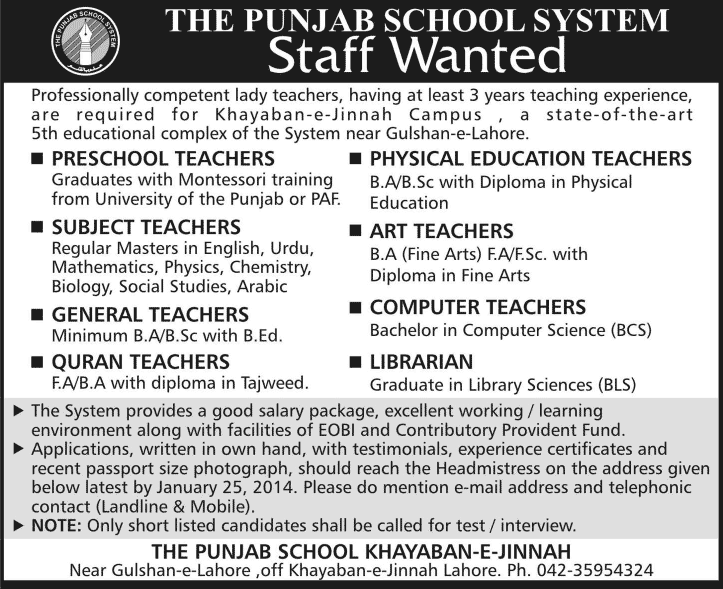 The Punjab School System Lahore Jobs 2014 for Teachers & Librarian