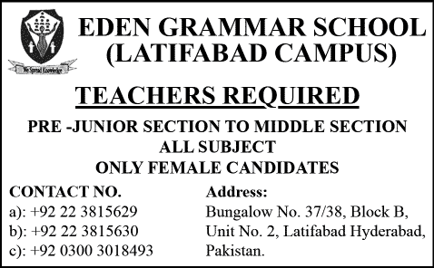 Female Teachers Jobs in Hyderabad 2014 at Eden Grammar School Latifabad Campus