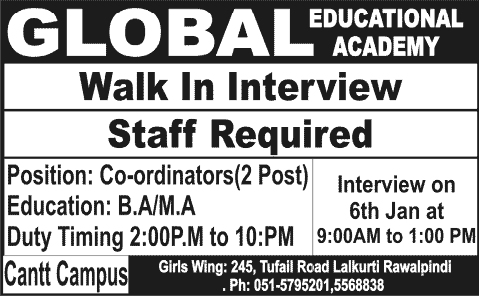 Coordinator Jobs in Rawalpindi 2014 at Global Education Academy