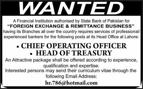 Chief Operating Officer & Head of Treasury Jobs in Lahore 2014 for Foreign Exchange & Remittance Business