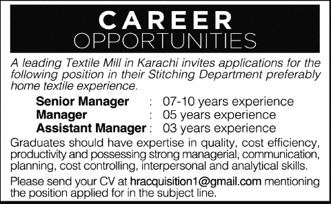 Managers Jobs in Karachi 2014 for Textile Mills' Stitching Department