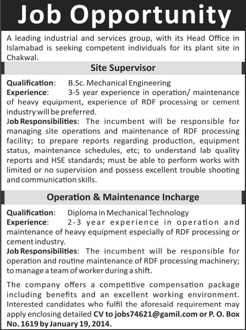 Mechanical Engineering Jobs in Chakwal 2014 for an Industrial & Services Group