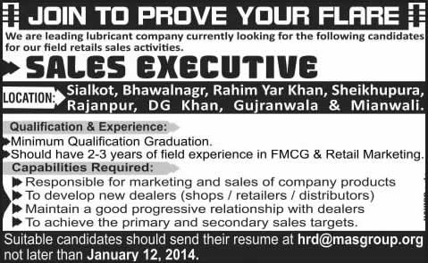 Sales Executive Jobs in Pakistan 2014 for FMCG & Retail Marketing