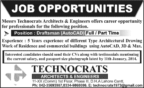 AutoCAD Draftsman Jobs in Lahore 2014 at Technocrats Architect & Engineers