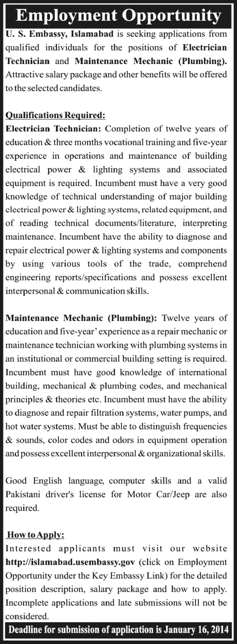 US Embassy Islamabad Jobs 2014 for Electrician Technician & Maintenance Mechanic Plumbing
