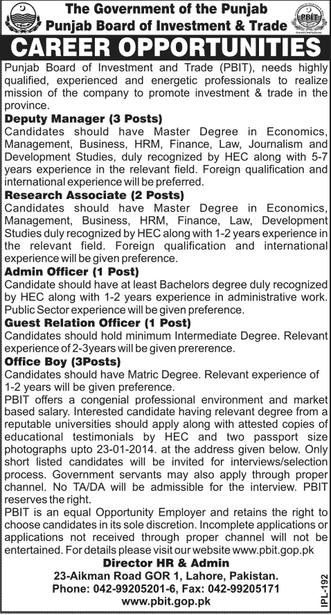 Punjab Board of Investment & Trade Lahore Jobs 2014 for Deputy Manager / Research Associate / Admin / Guest Relation Officer