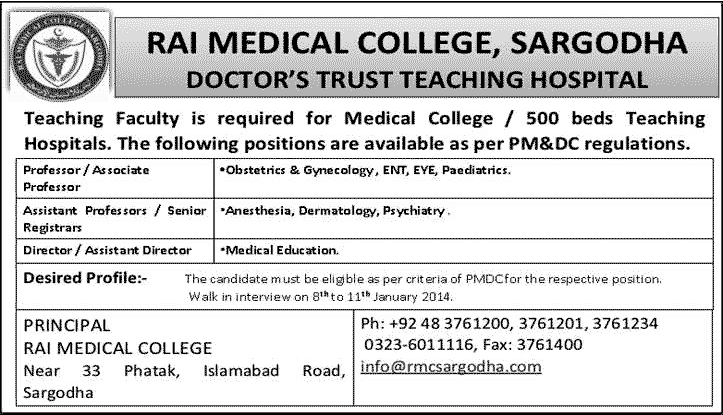 Medical Faculty Jobs in Pakistan 2014 Latest at Rai Medical College