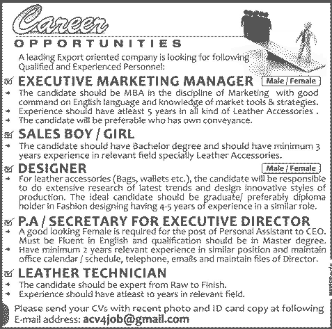 Marketing Manager, Sales Person, Designer, Secretary & Leather Technician Jobs in Lahore 2014