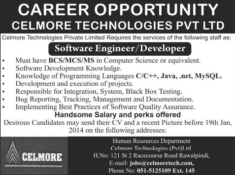 Software Engineer / Developer Jobs in Rawalpindi Islamabad 2014 at Celmore Technologies (Pvt.) Limited