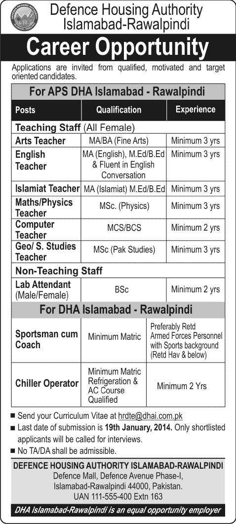 DHA Islamabad Rawalpindi Jobs 2014 for Army Public School Teaching & Non-Teaching Staff