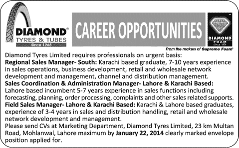 Diamond Tyres Limited Jobs 2014 for Sales / Administration Managers