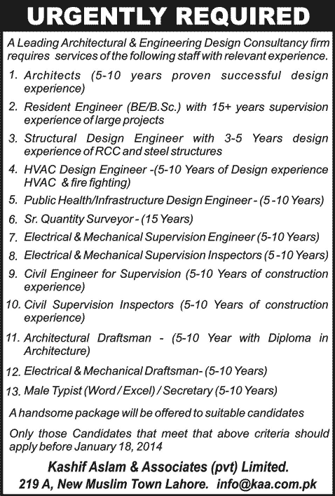 Kashif Aslam & Associates (Pvt.) Limited Lahore Jobs 2014 for Architects, Engineers, Draftsmen & Quantity Surveyor
