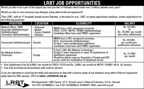Biomedical Technologist, Medical Officer & Ophthalmologist Jobs in Pakistan 2014 at LRBT Hospitals