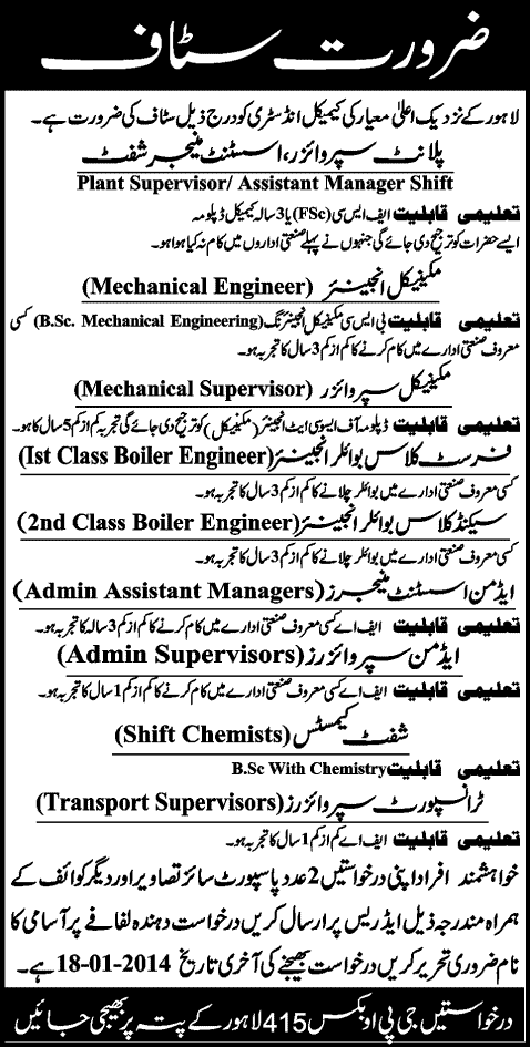 GPO Box 415 Lahore Chemical Industry Jobs 2014 Latest