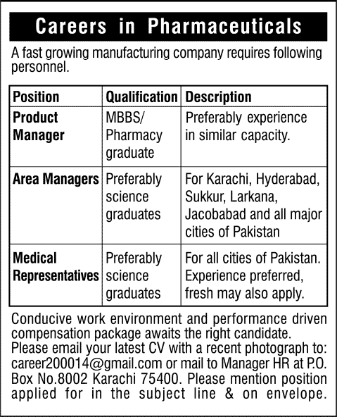 Product / Area Managers & Medical Representatives Jobs in Pakistan 2014 for Pharmaceuticals Company