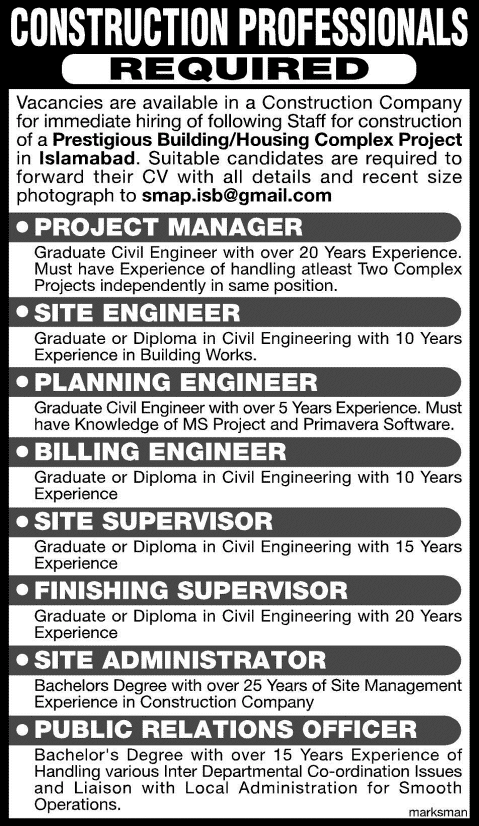 Public Relation, Administrator & Civil Engineer Jobs in Islamabad 2014 for a Construction Company