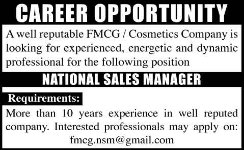 National Sales Manager Jobs in Pakistan 2014 for FMCG / Cosmetics Company