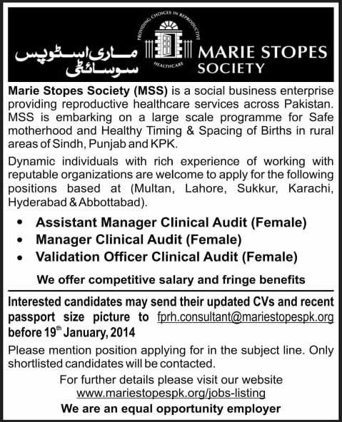 Marie Stopes Society Pakistan Jobs 2014 for Clinical Audit Manager / Validation Officer