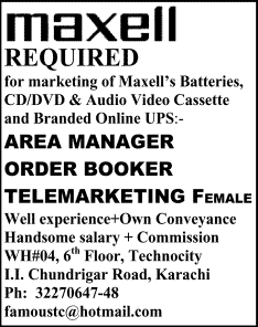 Area Manager, Order Booker & Telemarketing Jobs in Karachi 2014 for Maxell Products