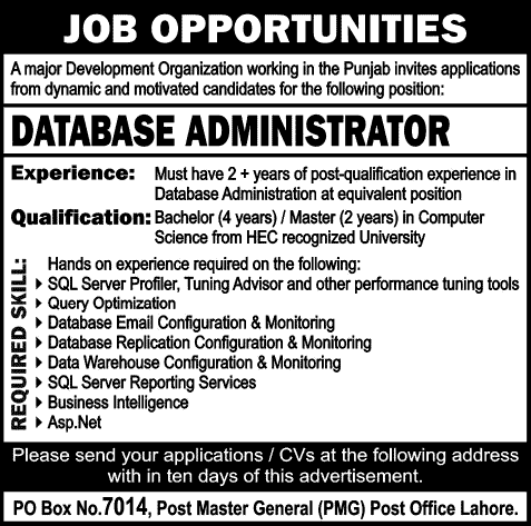 Database Administrator Jobs in Lahore 2014 PO Box 7014