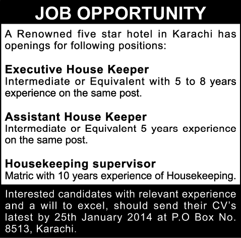 Assistant / Executive House Keeper & Housekeeping Supervisor Jobs in Karachi 2014 at Pearl Continental Hotel