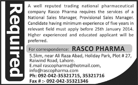 National & Provisional Sales Manager Jobs in Lahore 2014 at Rasco Pharma