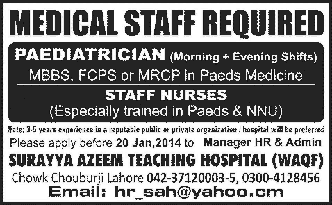 Staff Nurse & Paediatrician Jobs in Lahore 2014 at Surayya Azeem Teaching Hospital (WAQF)