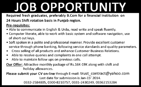 Fresh Graduates Jobs in Punjab Pakistan 2014 for a Financial Institution