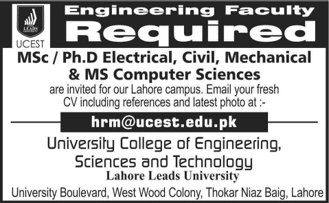 Engineering Faculty Jobs in UCEST Lahore Leads University 2014 University College of Engineering, Science & Technology