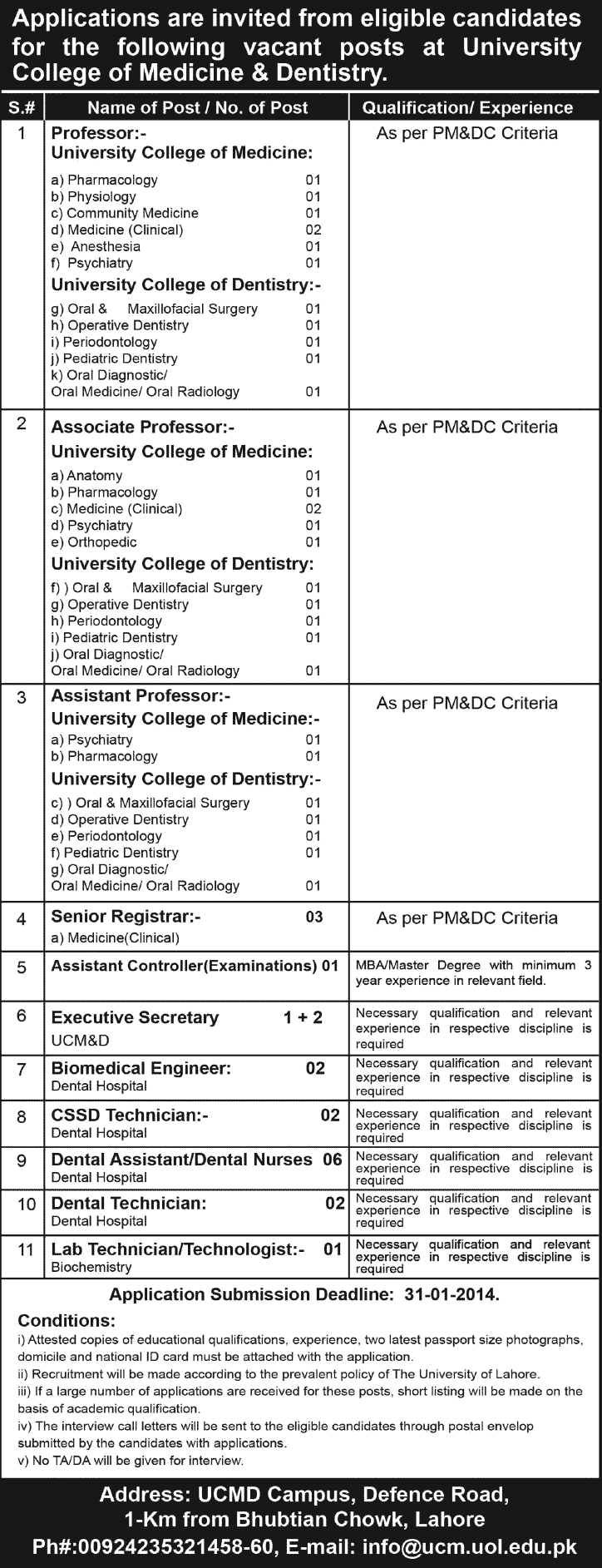 University College of Medicine & Dentistry Lahore Jobs 2014 for Teaching Faculty, Administrative Staff & Technicians