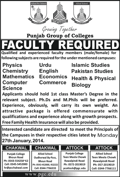 Punjab Group of Colleges Chakwal & Attock Jobs 2014 for Teaching Faculty