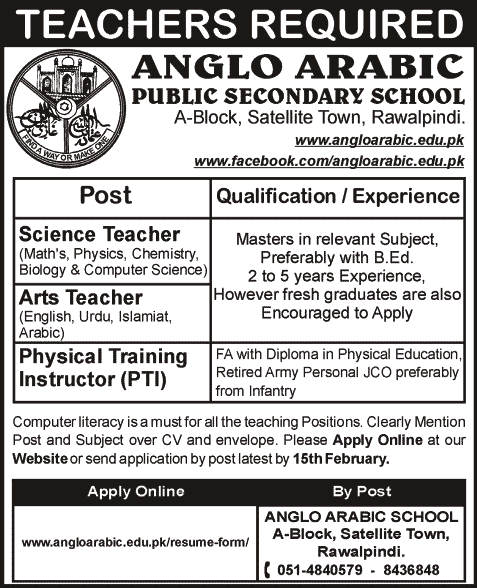 Anglo Arabic Public Secondary School Rawalpindi Jobs 2014 for Teachers