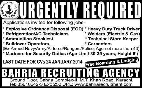 Bahria Recruiting Agency Jobs 2014 for Bahria Foundation