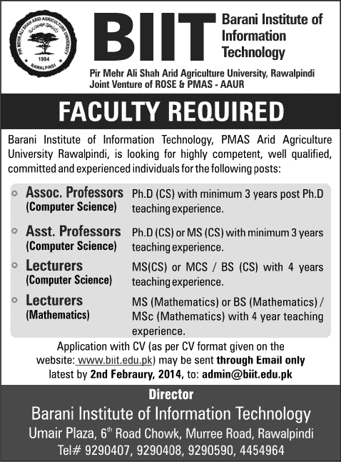 Barani Institute of Information Technology (BIIT) Rawalpindi Jobs 2014 for Faculty for Computer Science & Mathematics