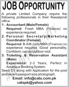 Accountant, Personal Secretary / Marketing Coordinator & Ticketing / Reservation Assistant Jobs in Rawalpindi 2014 at CATS