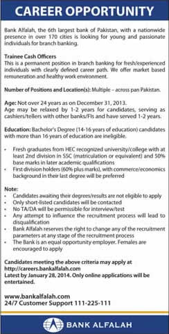 Bank Alfalah Jobs 2014 for Trainee Cash Officers
