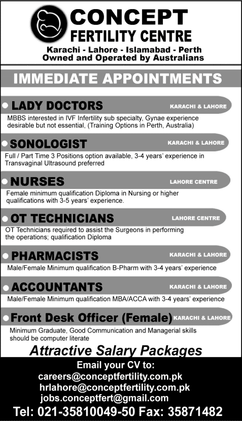 Concept Fertility Centre Jobs 2014 for Lady Doctors, Sonologist, Nurses, OT Technicians & Other Staff