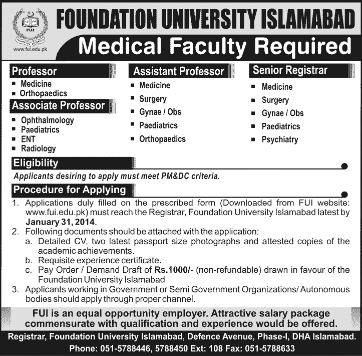 Medical Faculty Jobs at Foundation University Islamabad 2014
