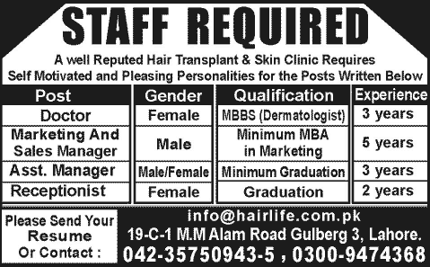 Marketing & Sales Manager, Assistant Manager, Doctor & Receptionist Jobs in Lahore 2014 at Hair Life Hair Transplant and Skin Clinic