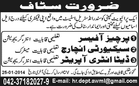 Purchase Officer, Security Incharge & Data Entry Operator Jobs in Lahore 2014