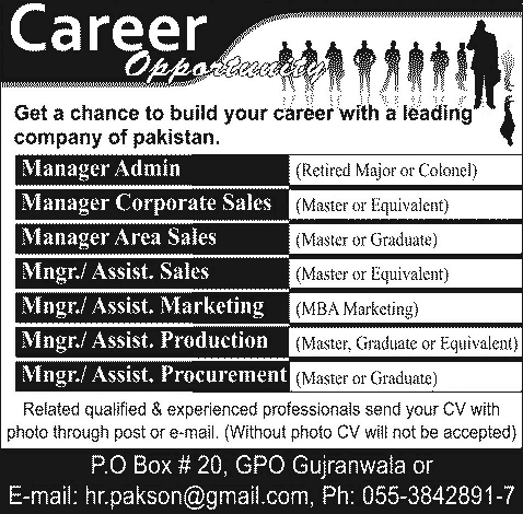 Production / Procurement / Admin / Sales / Marketing Manager Jobs in Gujranwala 2014 PO Box 20 GPO