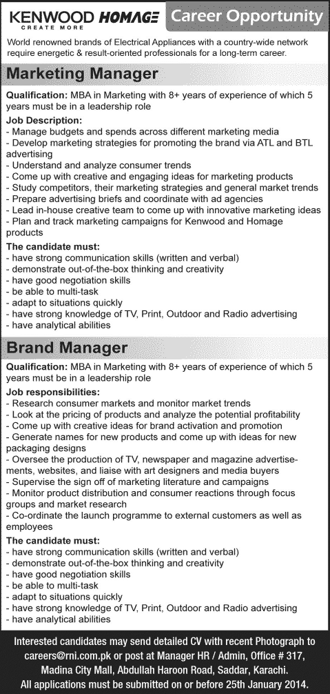 Brand Manager & Marketing Manager Jobs in Karachi 2014 at R&I Electrical Appliances (Pvt.) Ltd - Kenwood & Homage